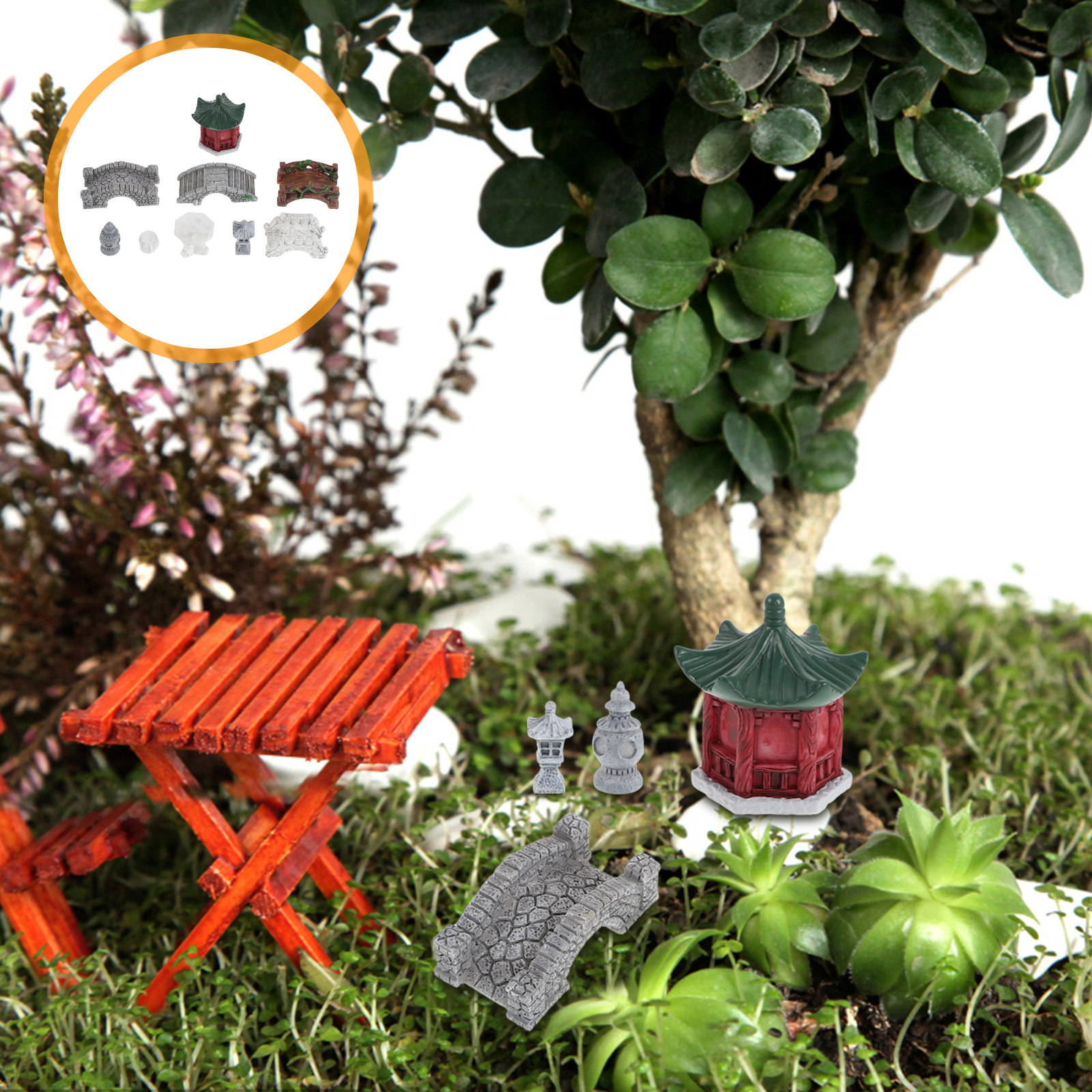 Bonsai Garden Miniature - 10Pcs Miniature Resin Garden Pavilion Bridge